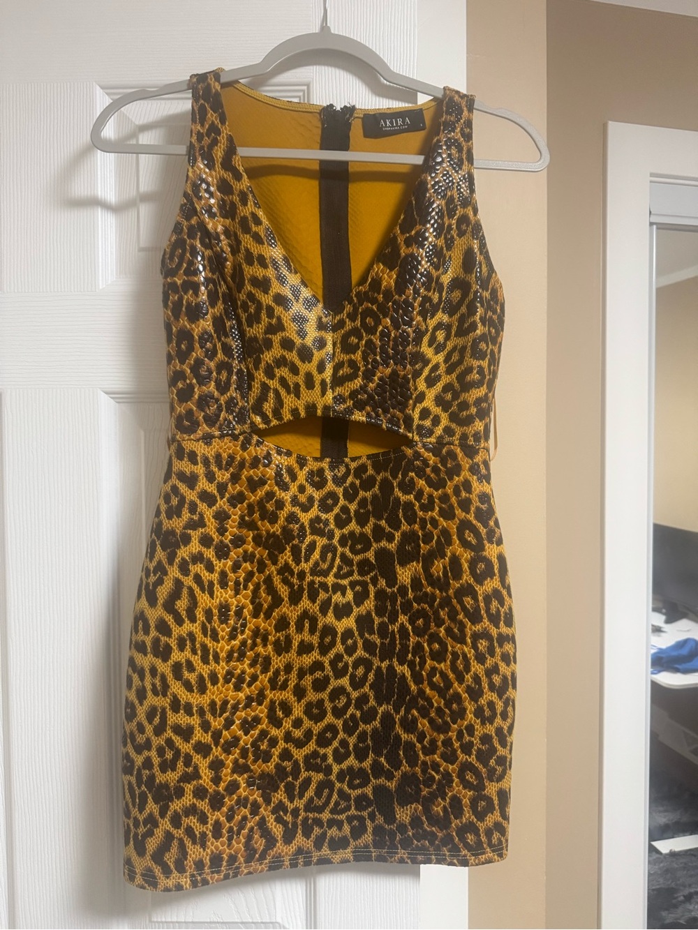 AKIRA Yellow Leopard Cutout Mini Dress
